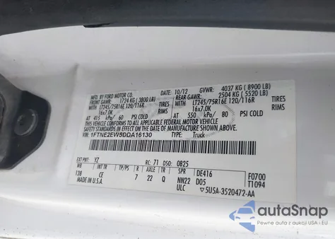 2013 Ford E-250 Commercial from USA, damaged, VIN 1FTNE2EW5DDA16130